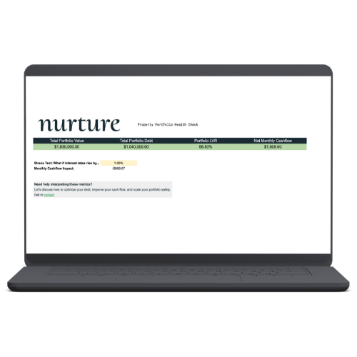 Free Google Sheets property investment analysis template by Nurture vCFO displayed on a laptop